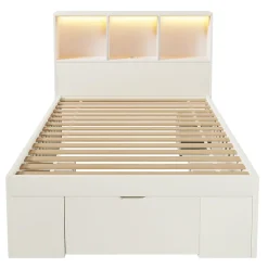 Lit simple 90x200cm - LED - USB-C - rangements - table de chevet mobile - blanc (matelas non inclus)><noscript><img width=