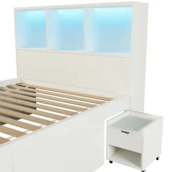 Lit simple 90x200cm - LED - USB-C - rangements - table de chevet mobile - blanc (matelas non inclus)><noscript><img width=