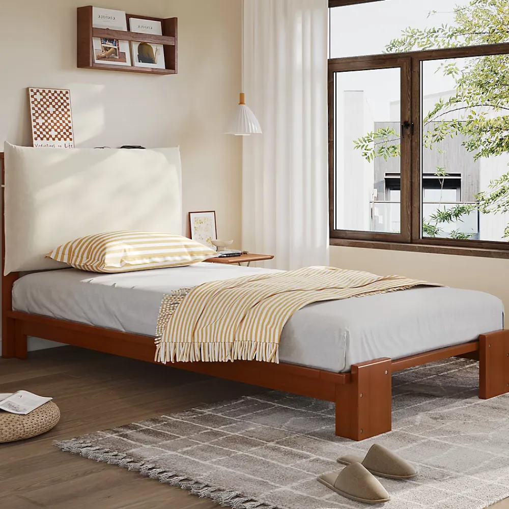 ModernLuxe Lit simple 90x200cm - tête de lit rembourrée amovible - bois massif + éponge + contreplaqué - Brun (matelas non inclus)* Lit Simple