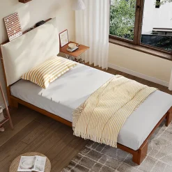 ModernLuxe Lit simple 90x200cm - tête de lit rembourrée amovible - bois massif + éponge + contreplaqué - Brun (matelas non inclus)* Lit Simple
