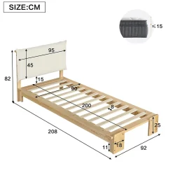 ModernLuxe Lit simple 90x200cm - tête de lit rembourrée amovible - bois massif + éponge + contreplaqué - Naturel (matelas non inclus)* Lit Simple