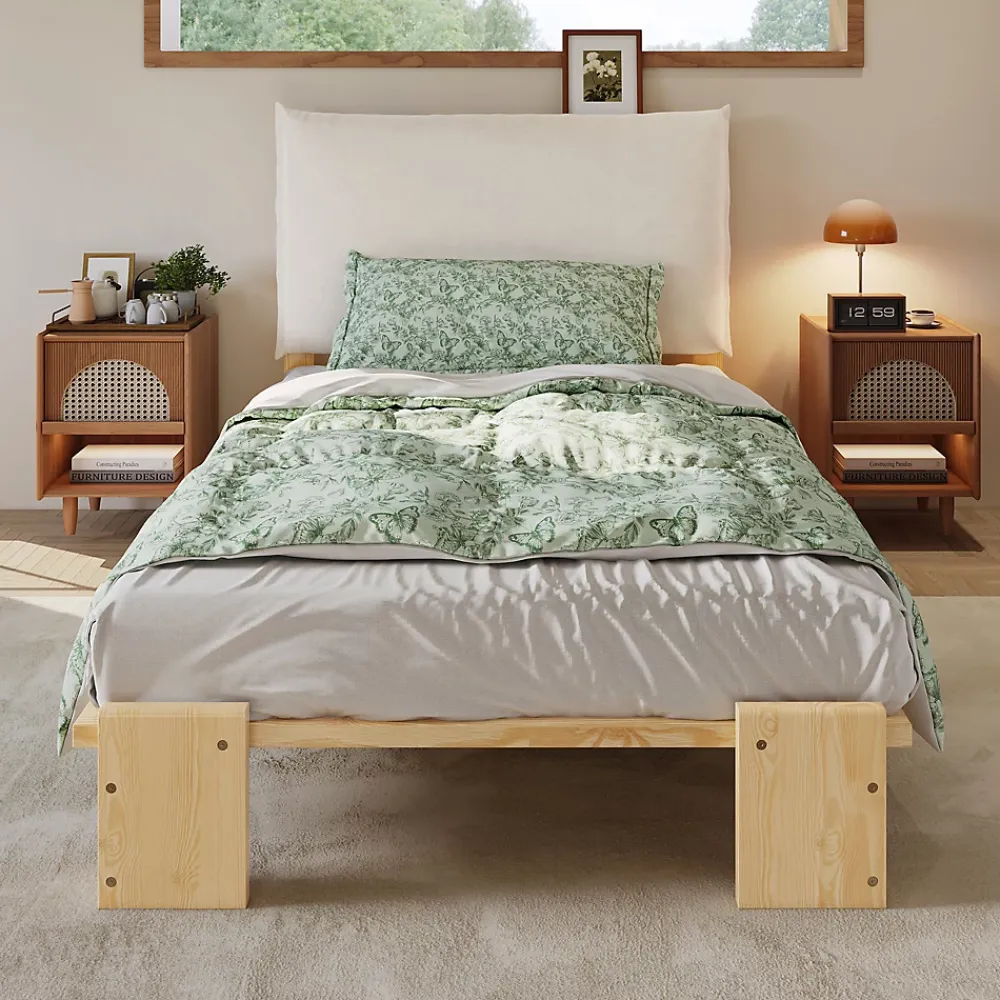 ModernLuxe Lit simple 90x200cm - tête de lit rembourrée amovible - bois massif + éponge + contreplaqué - Naturel (matelas non inclus)* Lit Simple