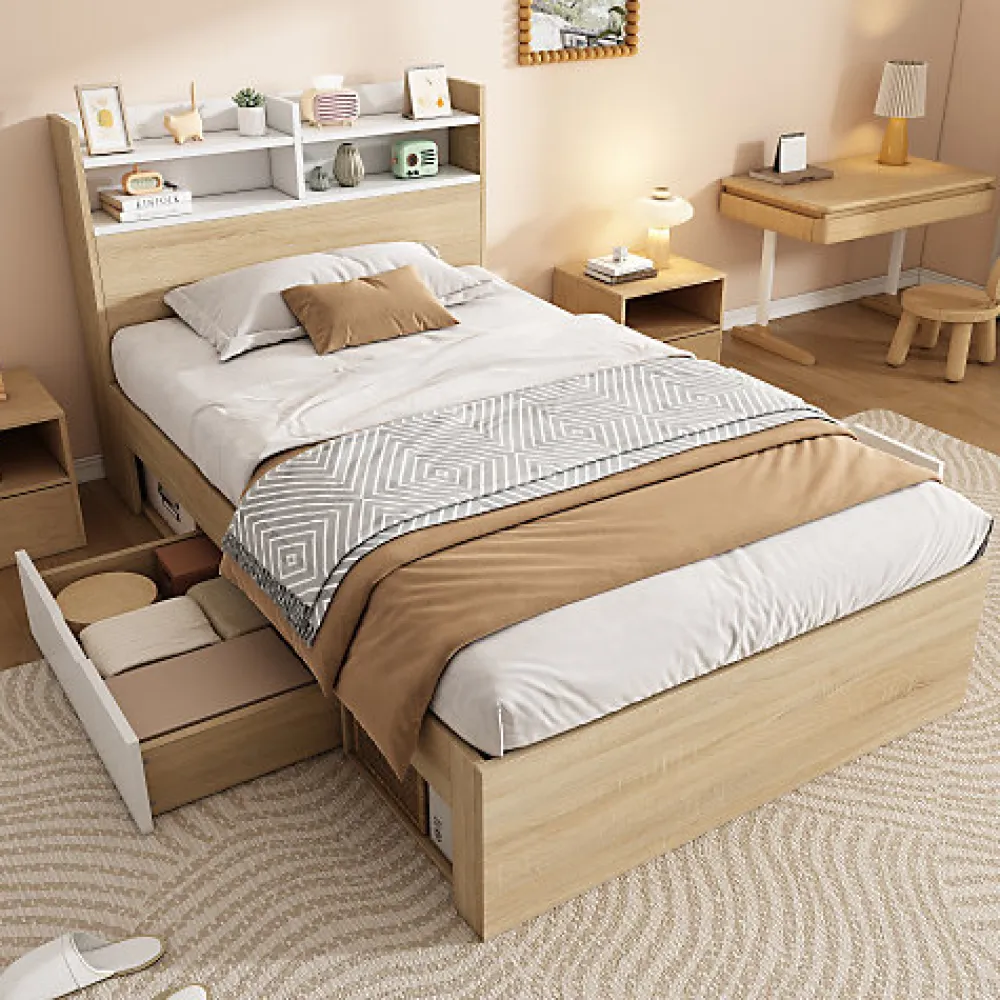 Lit simple 90x200cm avec 2 tiroirs - tête de lit avec étagère - panneaux de particules+bois massif - Naturel(matelas non inclus)>ModernLuxe Sale