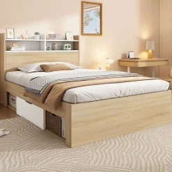 Lit simple 90x200cm avec 2 tiroirs - tête de lit avec étagère - panneaux de particules+bois massif - Naturel(matelas non inclus)>ModernLuxe Sale