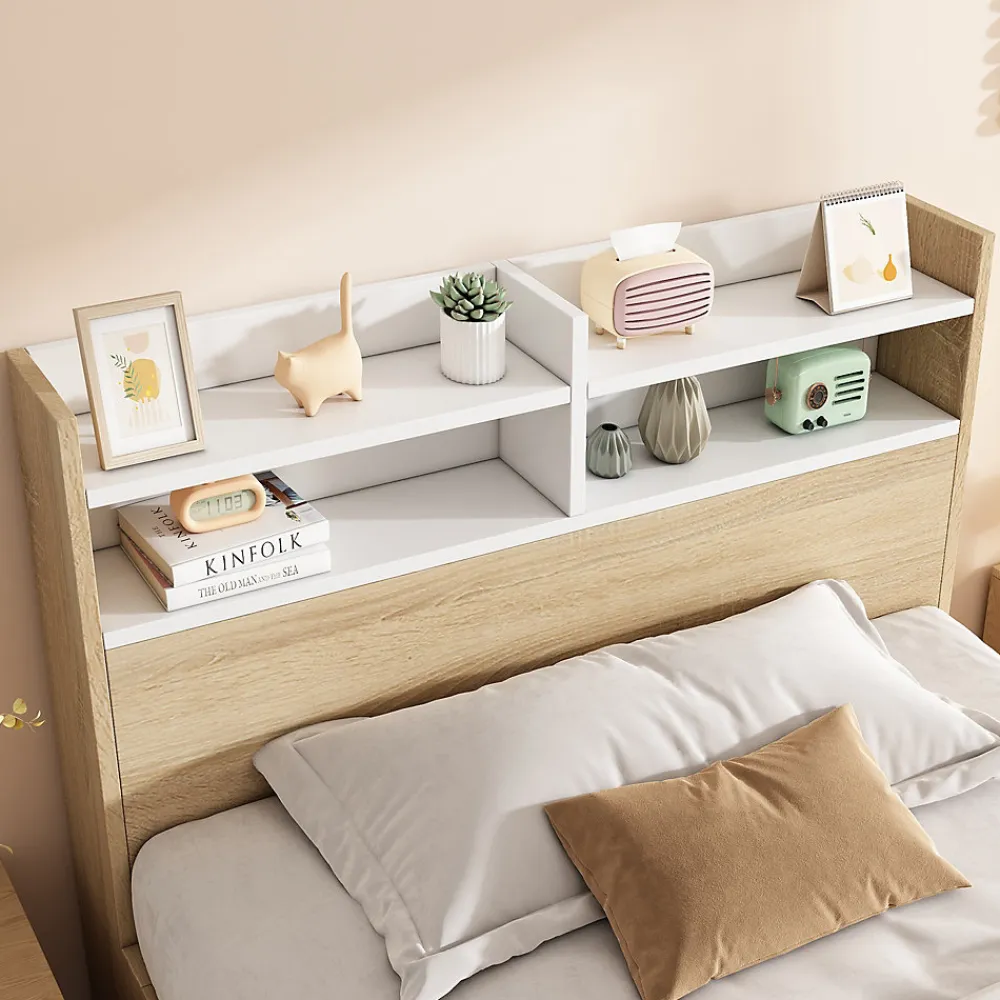 Lit simple 90x200cm avec 2 tiroirs - tête de lit avec étagère - panneaux de particules+bois massif - Naturel(matelas non inclus)>ModernLuxe Sale