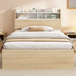 Lit simple 90x200cm avec 2 tiroirs - tête de lit avec étagère - panneaux de particules+bois massif - Naturel(matelas non inclus)><noscript><img width=
