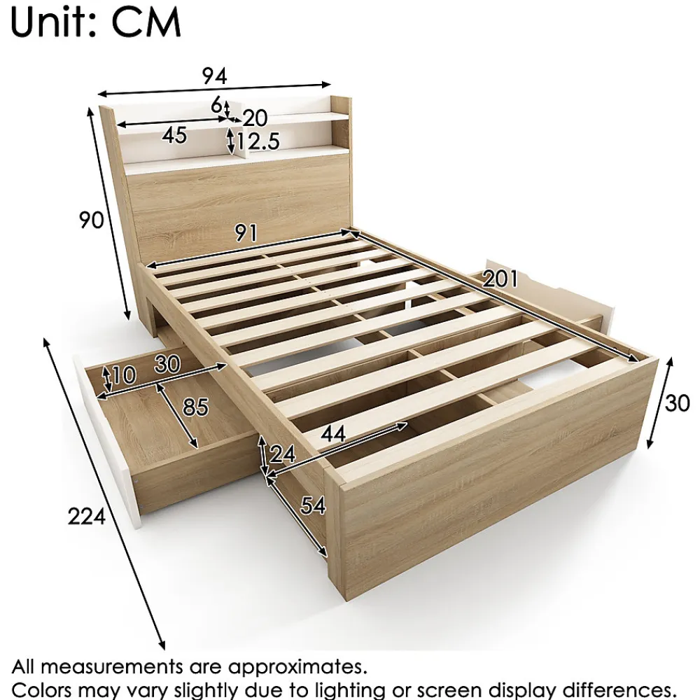Lit simple 90x200cm avec 2 tiroirs - tête de lit avec étagère - panneaux de particules+bois massif - Naturel(matelas non inclus)>ModernLuxe Sale