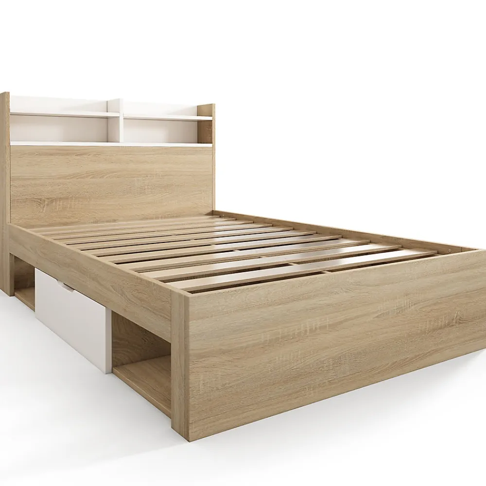 Lit simple 90x200cm avec 2 tiroirs - tête de lit avec étagère - panneaux de particules+bois massif - Naturel(matelas non inclus)>ModernLuxe Sale