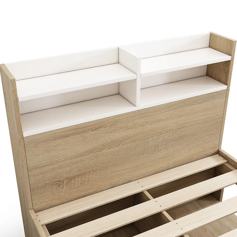 Lit simple 90x200cm avec 2 tiroirs - tête de lit avec étagère - panneaux de particules+bois massif - Naturel(matelas non inclus)>ModernLuxe Sale