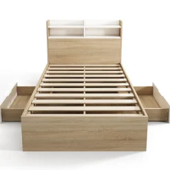 Lit simple 90x200cm avec 2 tiroirs - tête de lit avec étagère - panneaux de particules+bois massif - Naturel(matelas non inclus)><noscript><img width=