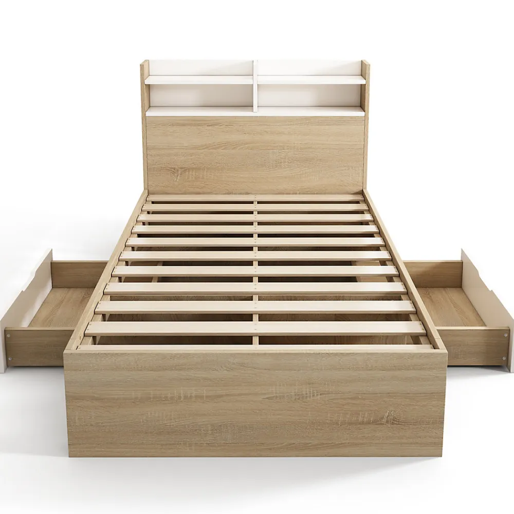 Lit simple 90x200cm avec 2 tiroirs - tête de lit avec étagère - panneaux de particules+bois massif - Naturel(matelas non inclus)>ModernLuxe Sale