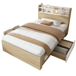 Lit simple 90x200cm avec 2 tiroirs - tête de lit avec étagère - panneaux de particules+bois massif - Naturel(matelas non inclus)><noscript><img width=