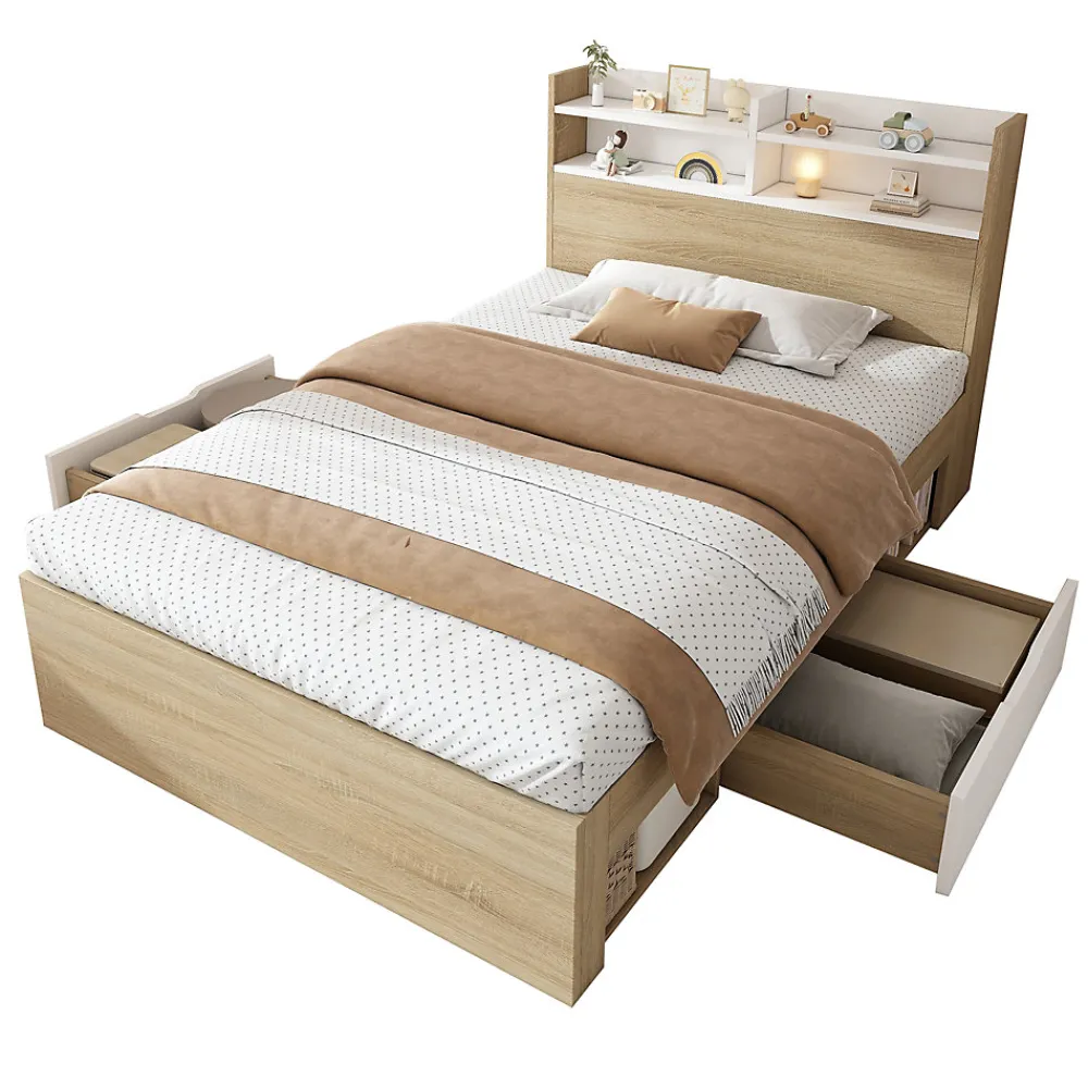 Lit simple 90x200cm avec 2 tiroirs - tête de lit avec étagère - panneaux de particules+bois massif - Naturel(matelas non inclus)>ModernLuxe Sale