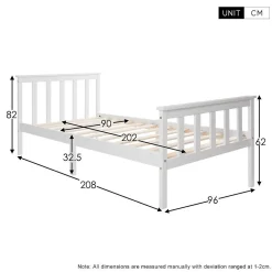 Lit Simple 90x200cm Bois Tête De Lit Pin Blanc><noscript><img width=
