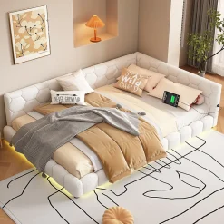 Lit Simple 140x200cm, Canapé-Lit avec Éclairage Ambiant, USB, Typ-C, Blanc>Fortuna lai Outlet