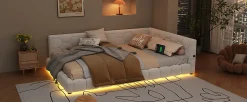 Lit Simple 140x200cm, Canapé-Lit avec Éclairage Ambiant, USB, Typ-C, Blanc><noscript><img width=