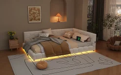 Lit Simple 140x200cm, Canapé-Lit avec Éclairage Ambiant, USB, Typ-C, Blanc><noscript><img width=