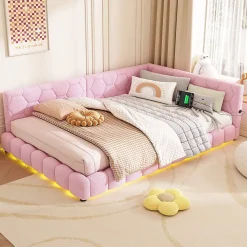 Fortuna lai Lit Simple 140x200cm, Canapé-Lit avec Éclairage Ambiant, USB, Typ-C, Rose*Enfant Lit Enfant