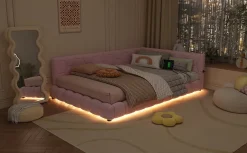 Fortuna lai Lit Simple 140x200cm, Canapé-Lit avec Éclairage Ambiant, USB, Typ-C, Rose*Enfant Lit Enfant