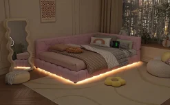 Fortuna lai Lit Simple 140x200cm, Canapé-Lit avec Éclairage Ambiant, USB, Typ-C, Rose*Enfant Lit Enfant