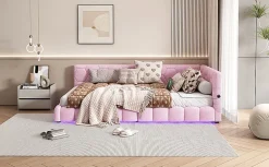 Fortuna lai Lit Simple 90x200cm, Canapé-Lit avec Éclairage Ambiant, USB, Typ-C, Rose*Enfant Lit Enfant