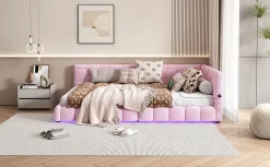 Fortuna lai Lit Simple 90x200cm, Canapé-Lit avec Éclairage Ambiant, USB, Typ-C, Rose*Enfant Lit Enfant