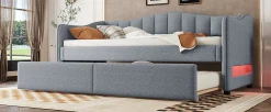Lit Simple 90x200cm, Canapé-Lit avec Tiroirs et Éclairage Ambiant, Beige><noscript><img width=