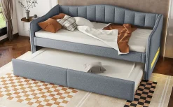 Lit Simple 90x200cm, Canapé-Lit avec Tiroirs et Éclairage Ambiant, Beige><noscript><img width=