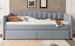 Lit Simple 90x200cm, Canapé-Lit avec Tiroirs et Éclairage Ambiant, Beige><noscript><img width=