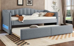 Lit Simple 90x200cm, Canapé-Lit avec Tiroirs et Éclairage Ambiant, Beige><noscript><img width=