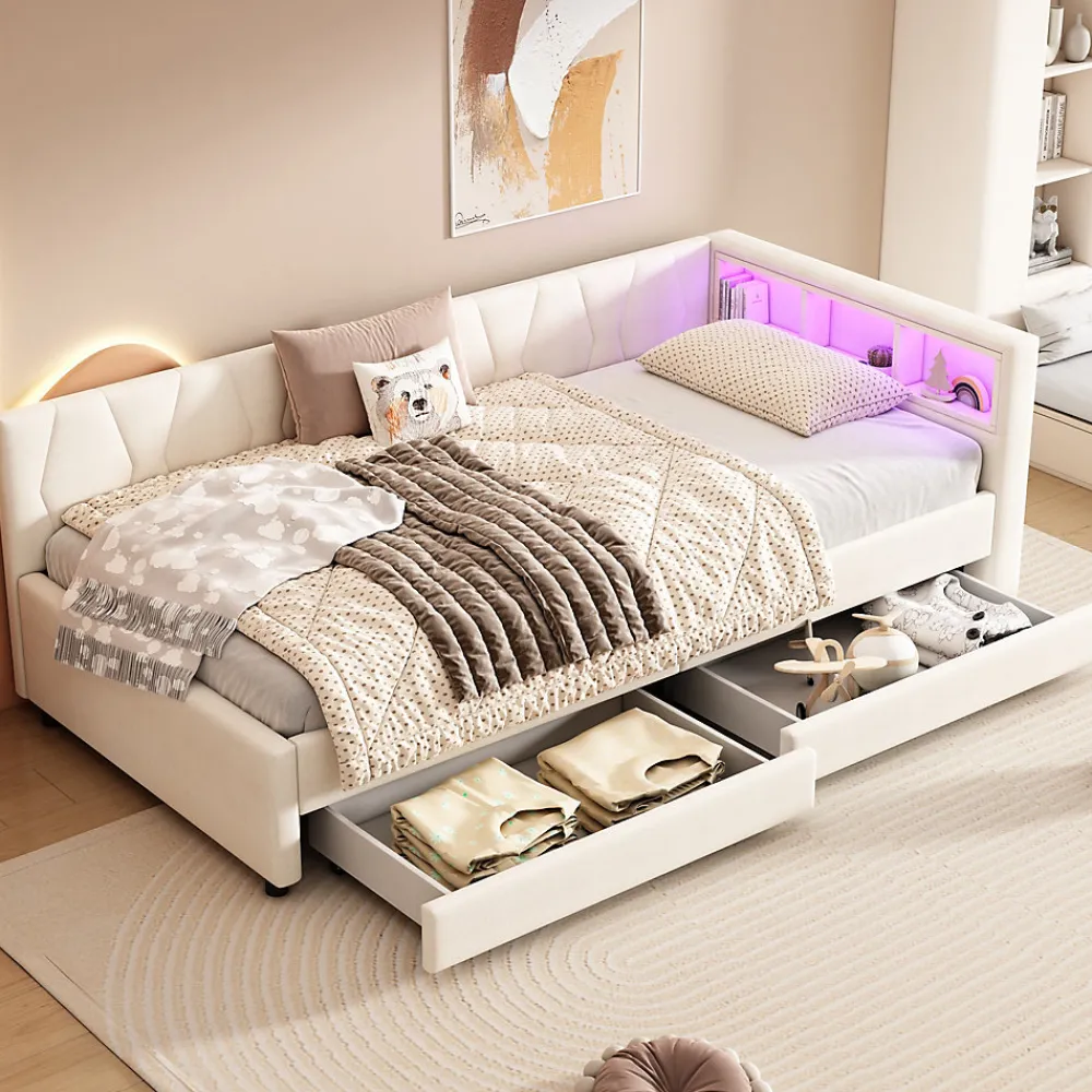 Lit Simple 90x200cm, Canapé-Lit avec Tiroirs, USB, Éclairage Ambiant, Beige>Fortuna lai Clearance
