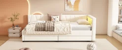 Lit Simple 90x200cm, Canapé-Lit avec Tiroirs, USB, Éclairage Ambiant, Beige>Fortuna lai Clearance