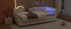 Lit Simple 90x200cm, Canapé-Lit avec Tiroirs, USB, Éclairage Ambiant, Beige><noscript><img width=