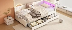 Lit Simple 90x200cm, Canapé-Lit avec Tiroirs, USB, Éclairage Ambiant, Beige><noscript><img width=