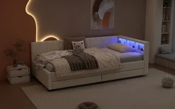 Lit Simple 90x200cm, Canapé-Lit avec Tiroirs, USB, Éclairage Ambiant, Beige><noscript><img width=