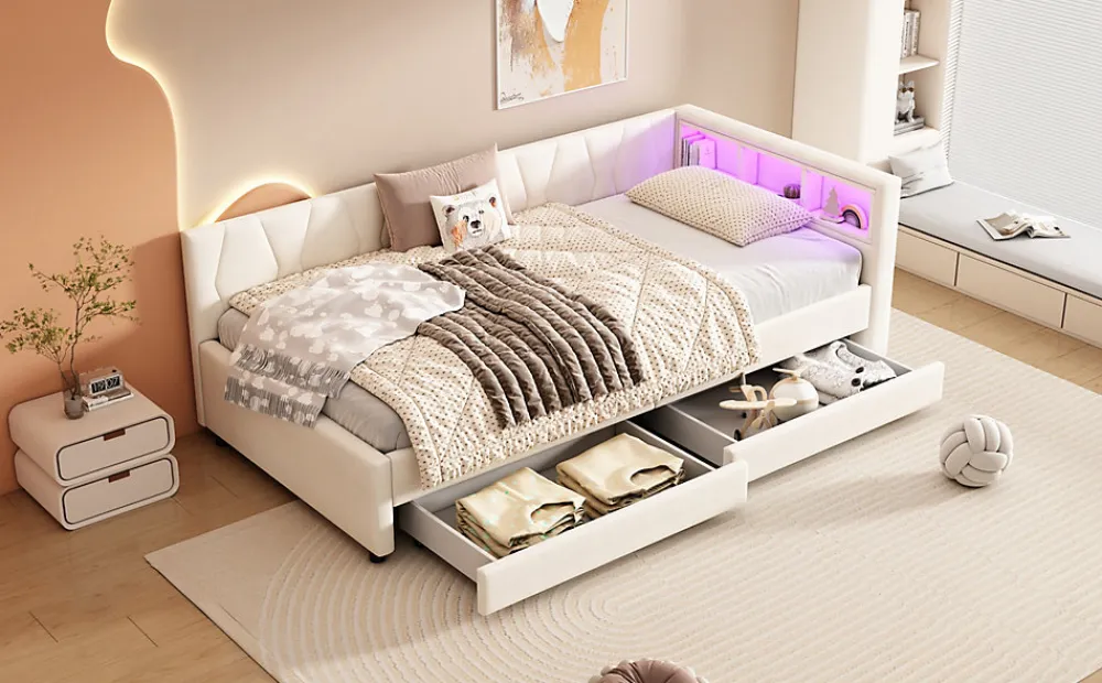 Lit Simple 90x200cm, Canapé-Lit avec Tiroirs, USB, Éclairage Ambiant, Beige>Fortuna lai Clearance