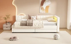 Lit Simple 90x200cm, Canapé-Lit avec Tiroirs, USB, Éclairage Ambiant, Beige><noscript><img width=