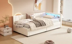 Lit Simple 90x200cm, Canapé-Lit avec Tiroirs, USB, Éclairage Ambiant, Beige><noscript><img width=