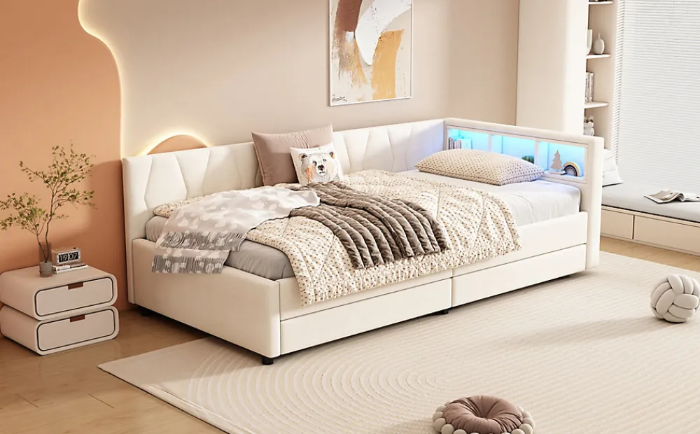 Lit Simple 90x200cm, Canapé-Lit avec Tiroirs, USB, Éclairage Ambiant, Beige>Fortuna lai Clearance