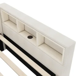 Lit Simple 90x200cm, Canapé-Lit avec Tiroirs, USB, Éclairage Ambiant, Beige><noscript><img width=