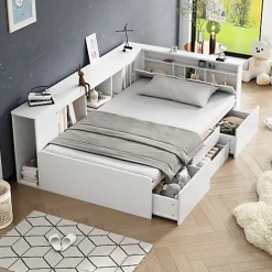 ModernLuxe Lit simple 90x200cm en bois massif - avec rangements multifonctions - Blanc* Lit Avec Rangement