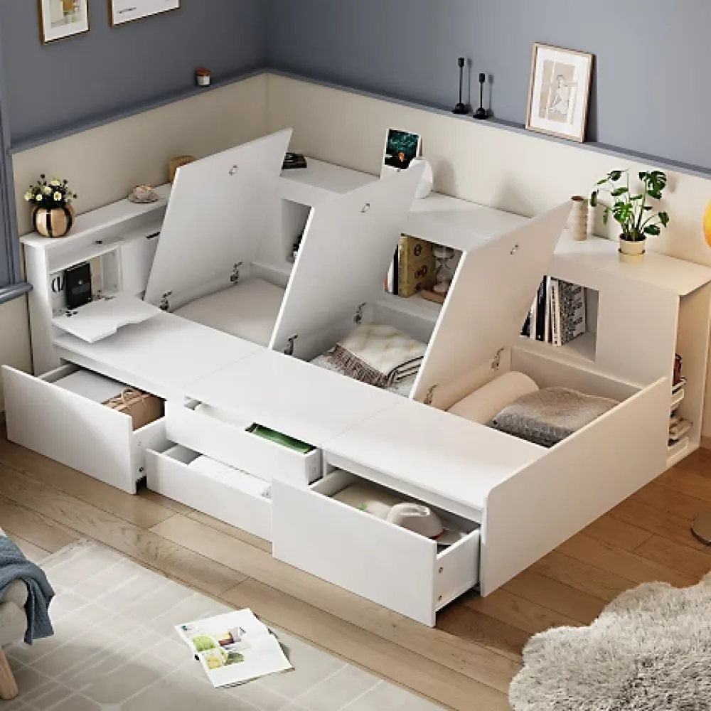 ModernLuxe Lit simple 90x200cm en bois massif - avec rangements multifonctions - Blanc* Lit Avec Rangement