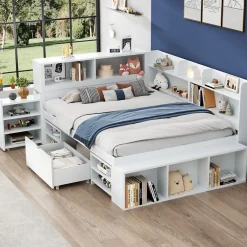 Lit simple 140x190cm en MDF - Avec tiroirs et étagères - Bibliothèque amovible - Avec sommier à lattes - Blanc(sans matelas)>ModernLuxe Online