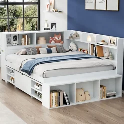 Lit simple 140x190cm en MDF - Avec tiroirs et étagères - Bibliothèque amovible - Avec sommier à lattes - Blanc(sans matelas)>ModernLuxe Online