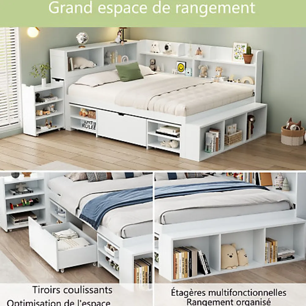 Lit simple 140x190cm en MDF - Avec tiroirs et étagères - Bibliothèque amovible - Avec sommier à lattes - Blanc(sans matelas)>ModernLuxe Online