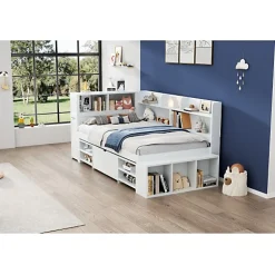 ModernLuxe Lit simple 90x200cm en MDF - Avec tiroirs et étagères - Bibliothèque amovible - Avec sommier à lattes - Blanc(sans matelas)* Lit Avec Rangement