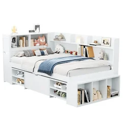 ModernLuxe Lit simple 90x200cm en MDF - Avec tiroirs et étagères - Bibliothèque amovible - Avec sommier à lattes - Blanc(sans matelas)* Lit Avec Rangement