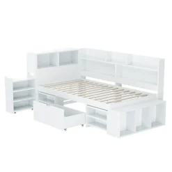 ModernLuxe Lit simple 90x200cm en MDF - Avec tiroirs et étagères - Bibliothèque amovible - Avec sommier à lattes - Blanc(sans matelas)* Lit Avec Rangement