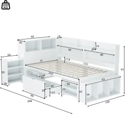 ModernLuxe Lit simple 90x190cm en MDF - Avec tiroirs et étagères - Bibliothèque amovible - Avec sommier à lattes - Blanc(sans matelas)* Lit Avec Rangement