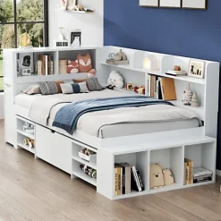 ModernLuxe Lit simple 90x190cm en MDF - Avec tiroirs et étagères - Bibliothèque amovible - Avec sommier à lattes - Blanc(sans matelas)* Lit Avec Rangement